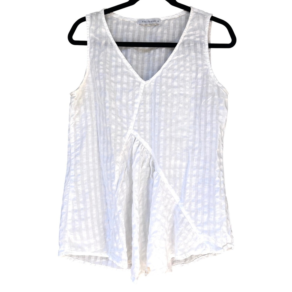 Cut Loose White Sleeveless Top S Linen Blend V-Neck Asymmetrical Gauze Lagenlook